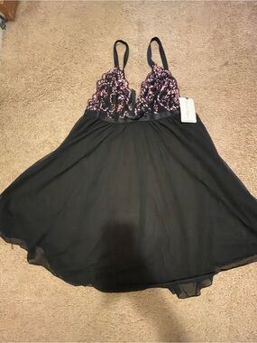 French Affair black lace slip lingerie with pink floral embroidery:size 2X